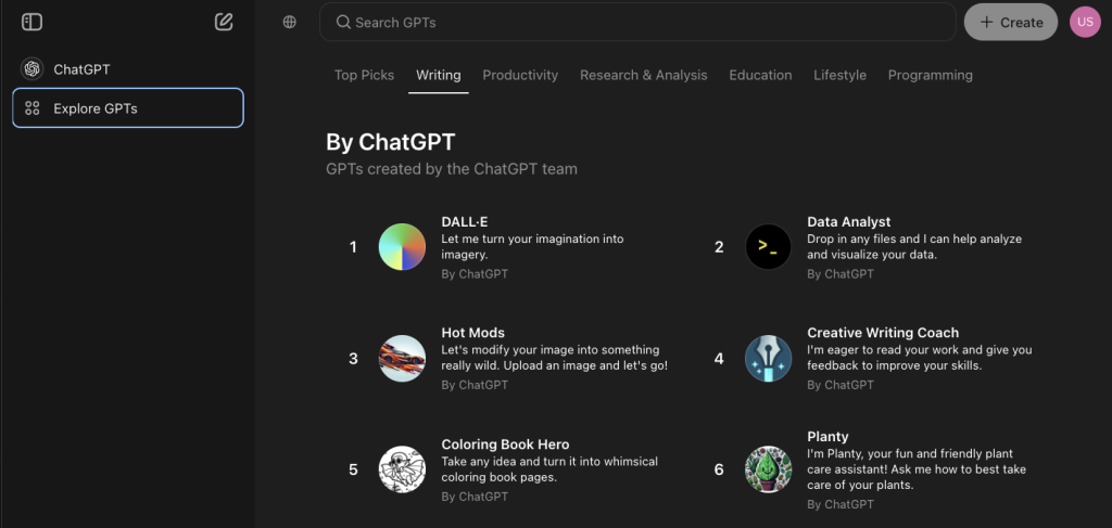Explore GPTsにDALL-Eが表示されている画面